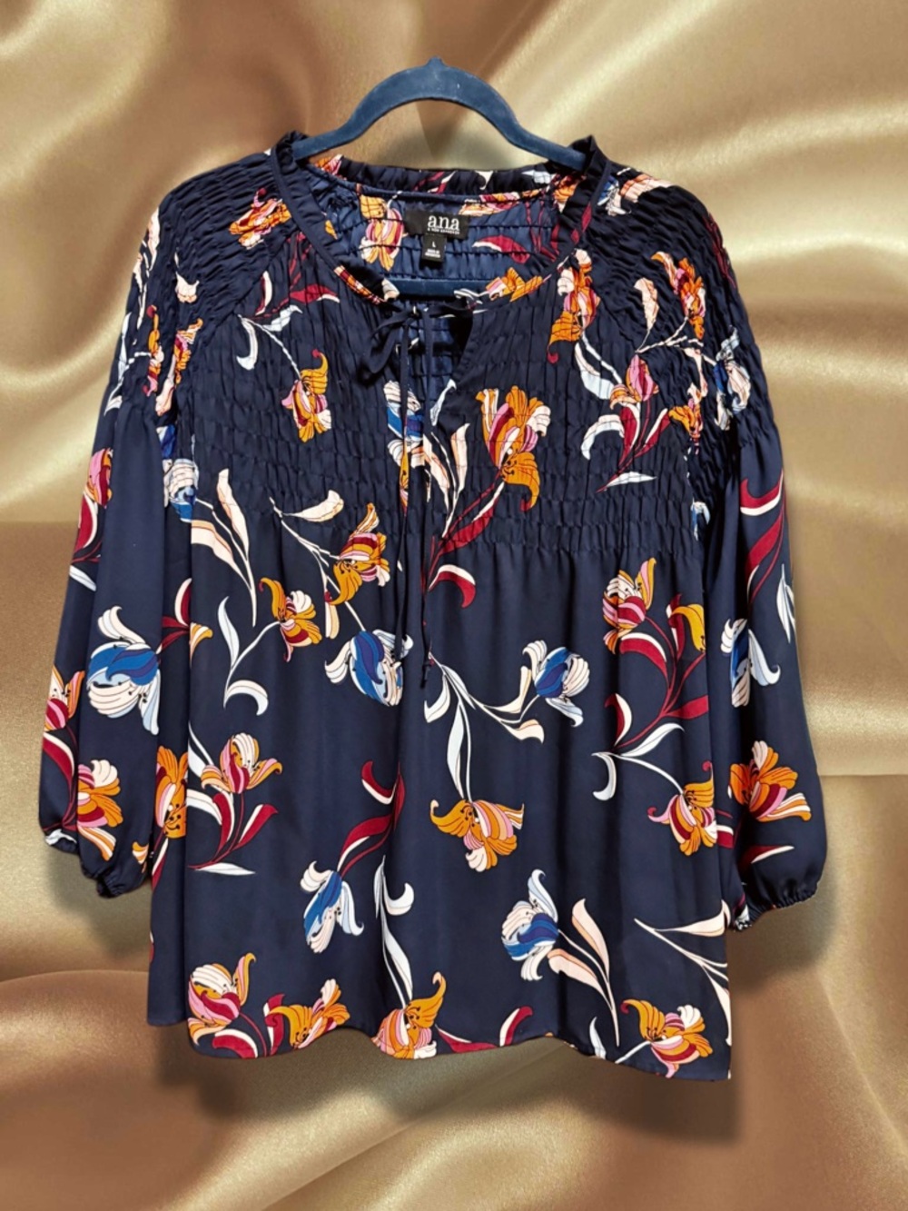 a.n.a Navy Floral Smocked Yoke Blouse size Large - Picture 1 of 7
